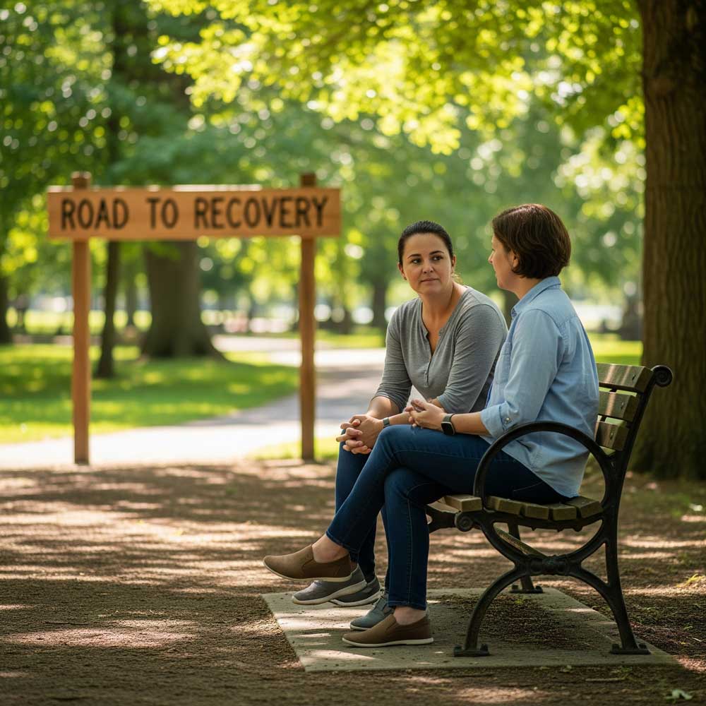 Peer konzultant s klientem na lavičce v parku